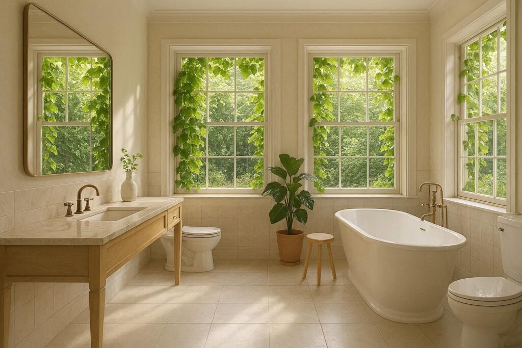 Bagno effetto spa con piante e dispenser in vetro, trucchi per rinnovare casa senza ristrutturare.