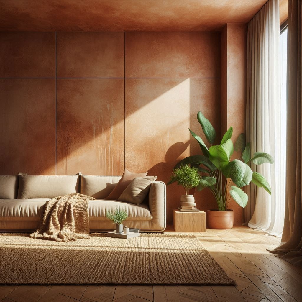 Parete color terracotta dipinta con tecnica color drenching per rinnovare casa.